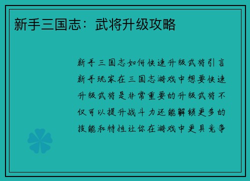 新手三国志：武将升级攻略