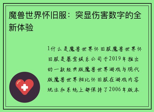 魔兽世界怀旧服：突显伤害数字的全新体验
